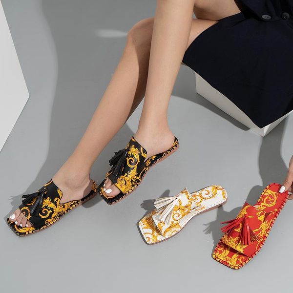 

new women slippers fashion tassels summer shoes brand beach slides retro mules shoes for women flat slipper outdoor, Black