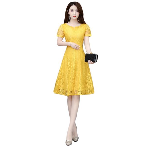 Vestido de renda Mulheres Amarelo 7 Cores S-5xl Plus Size Verão Moda Slim Verde Vermelho Manga Curta Mini Vestidos Feminina LR818 210531