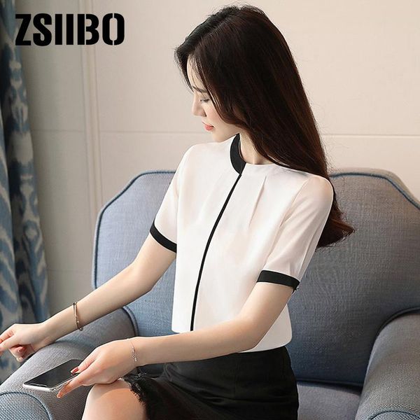 Blusa das mulheres camisas Escritório senhoras blusa elegante manga curta chiffon camisa patchwork stand pesco macacões de trabalho Top roupas 2021