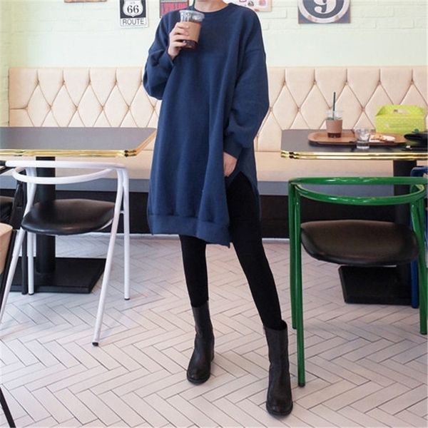 

johnature new solid color plus size women sweatshirts autumn winter long slits loose o-neck pullover female hoodies 201208, Black