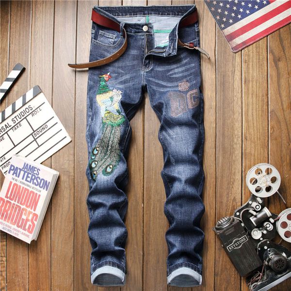 

2021jeans men's fashion brand slim embroidered phoenix trousers new elastic personality casual small straight tube in autumn, Blue