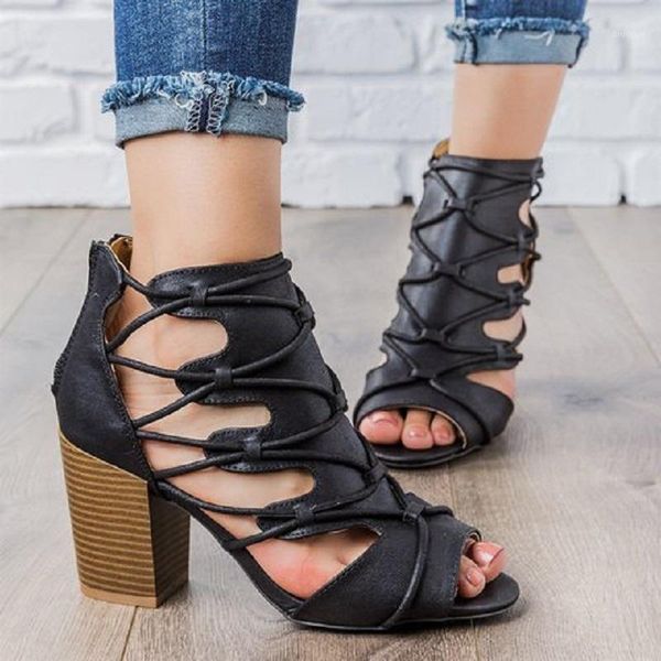 

women high heels gladiator sandals open toe cross strappy summer ladies black block heeled roman shoes big size1