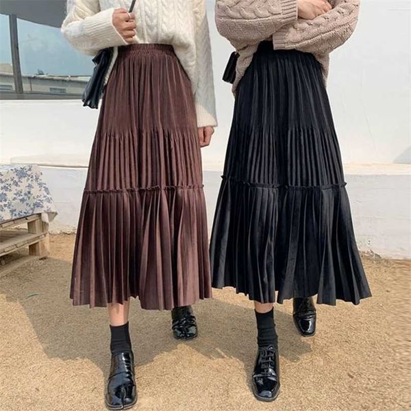 

female vintage long velvet pleated skirt women for autumn winter korean fashion ladies high waist black green maxi femme 211109