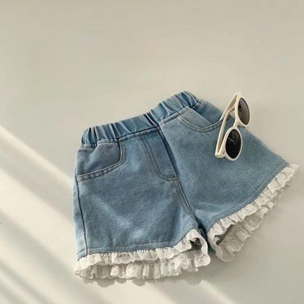 

shorts girl jeans summer 2021 high waist lace patchwork wide leg casual all match children kids clothing quality, Black