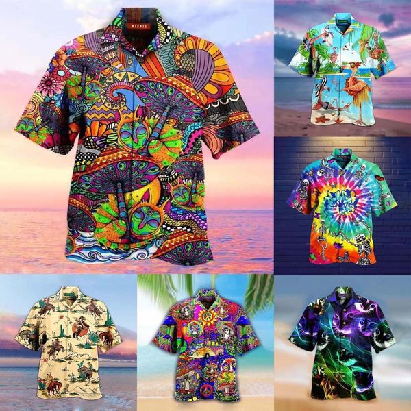

men's casual shirts summer shirt men fashion ethnic style print vintage lapel short sleeve hawaiian male streetwear blusa masculina#g30, White;black