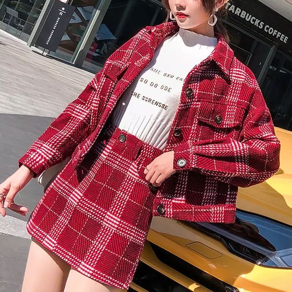 

womens autumn 2021 new fashion plaid suit short skirt + jacket female sets/suit loose s-3xl sets, Black;brown