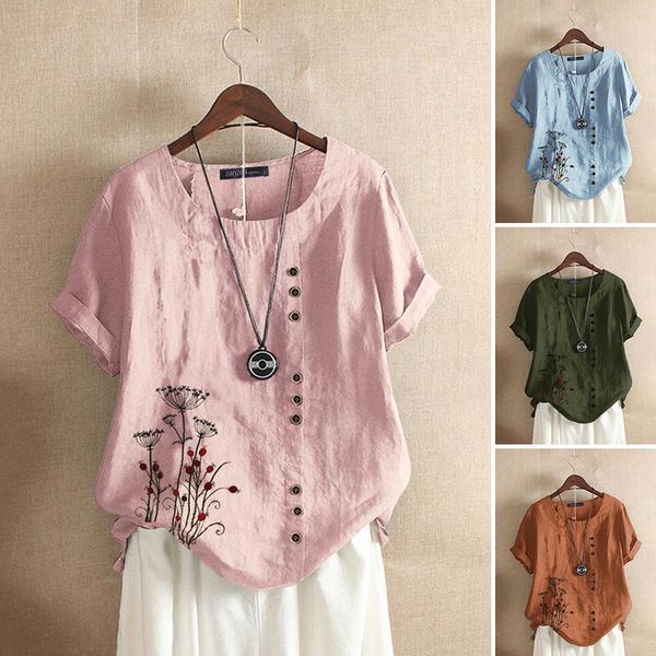 

summer embroidery womens linen blouse 2021 zanzea female tunic shirt short sleeve blusa button elegant oversized embroidery chemise, White