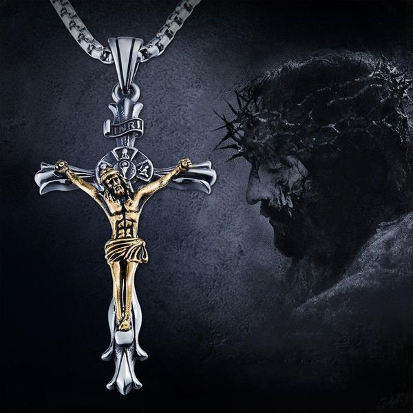 Correntes Crucifix Jesus Peça Cruz Pingente Colar Para Homens Mulheres Aço Inoxidável Católico Punk Hip Hop Biker Jóias