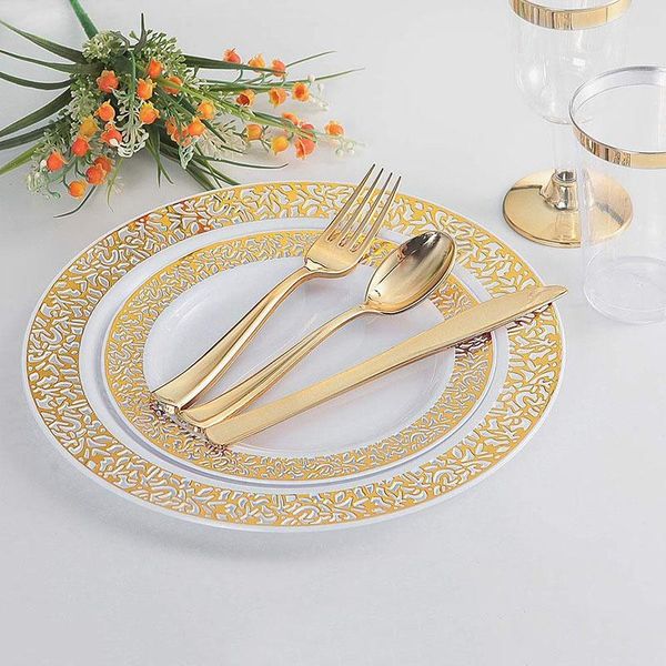 

disposable dinnerware 150pcs gold plastic plates with silverware,lace design wedding party tableware sets for all holidays