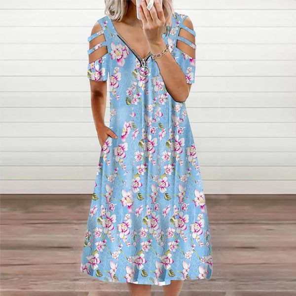 

summer floral print womens dresses v neck casual hollow out short sleeve zipper dress elegent evening party vestidos, Black;gray