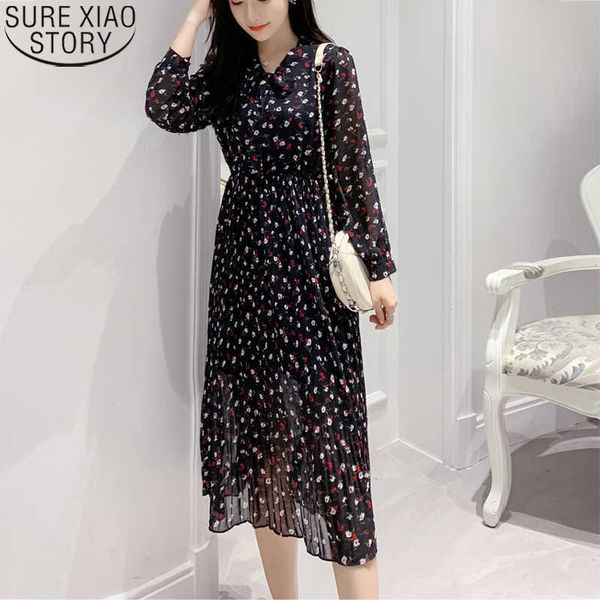 

high waist pleated dress for women a-line chiffon dress women vestidos autumn print chic long sleeve bow midi dresses 10771 210527, Black;gray