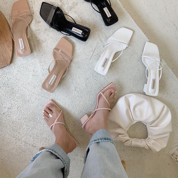 

dxfan transparent pvc slippers sandals women elegant narrow band summer slippers women med heel solid slides flip flops, Black