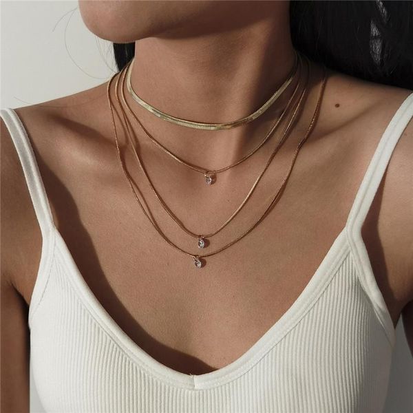 

chains korean version simple small fresh multi layer special chain necklace female fashion crystal pendant 4-piece set jewelry, Silver