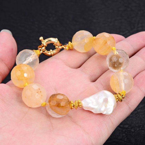 

guaiguai jewelry 16mm round faceted brazilian golden crystal quartz white keshi pearl bracelet handmade for women real lady fashion jewellry, Black