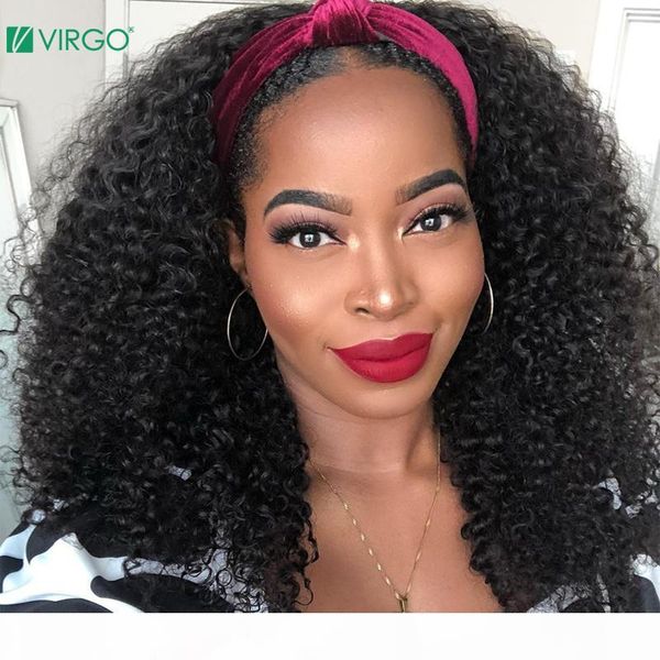 

density 180% afro kinky curly wig human hair headband wig short curly no lace front human hair with headband brazilian remy, Black;brown