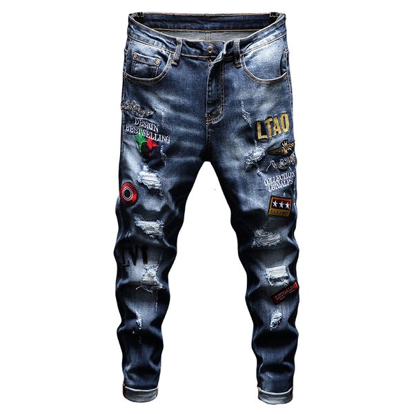

new summer style of men with personality brem breeches from the patched hole embroidered jeans stretch tide european brt9, Blue