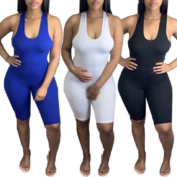 

wj5093 women's solid open back cross strap jumpsuit, Black;white