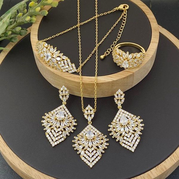 

earrings & necklace lanyika fashion jewelry set gorgeous rhombus zirconia with earring, bracelet and ring for woman wedding party gift, Silver