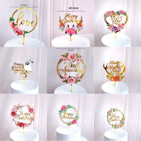 Fiori Happy Birthday Cake Topper Topper per cupcake in acrilico stampato a colori floreali Festa di compleanno Matrimonio Festa della mamma