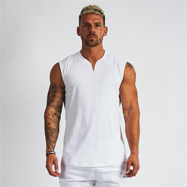 

men' tank men v-neck pure color cotton summer vest gym muscle bodybuilding streetwear sleeveless shirt workout fitness sport, White;black