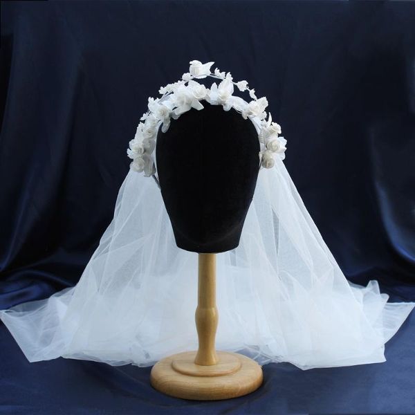 Copricapo Fasce per capelli con fiore bianco dolce Fata Sposa Velo da sposa Fascia per capelli Accessori per capelli con ghirlanda romantica rosa