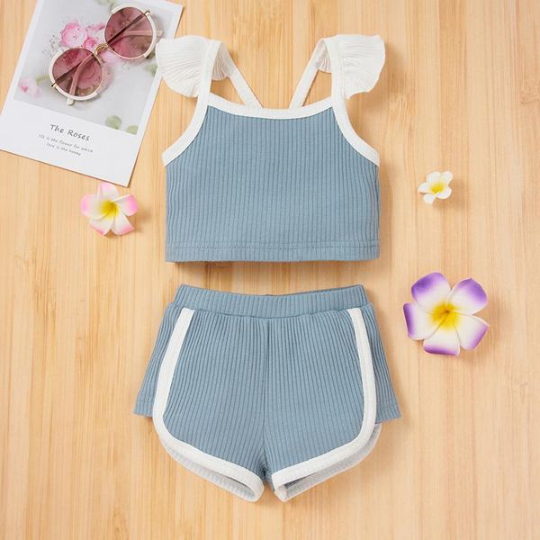 

clothing sets 2021 baby summer casual girls solid color knitted sleeveless ribbed romper + pants 2 pieces short tracksuit, White