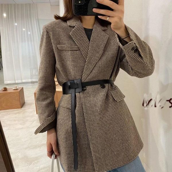 

women's suits & blazers 2021 autumn winter vintage houndstooth woolen blazer jackets women double breasted belted female outwea, White;black