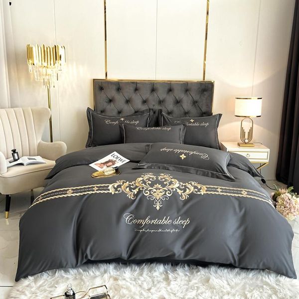 

bedding sets luxury gray 100% cotton royal gold embroidery set  double duvet cover 1.5m 1.8m bed fitted sheet pillowcase