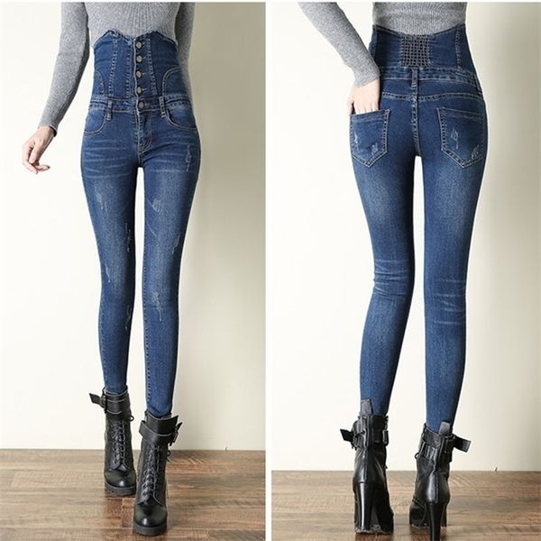 

women elastic high waist thin abdomen blue black skinny stretch jeans female boyfriend mom jeans washed denim pants plus size 36