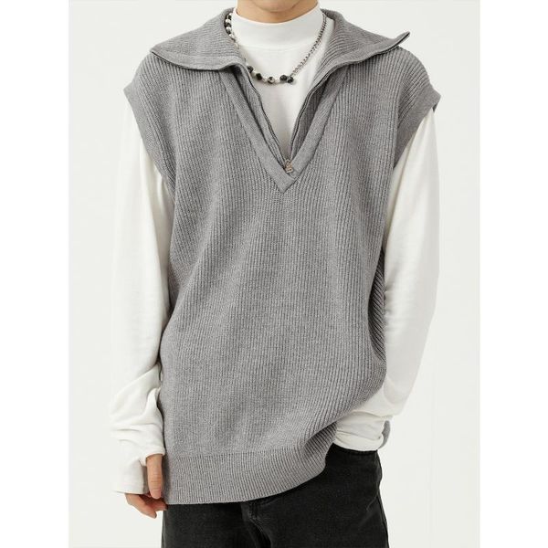 

men's vests turtleneck neck with zipper sweater men sleeveless cotton soft korean clothes casual loose knit sweaters vest college style, Black;white