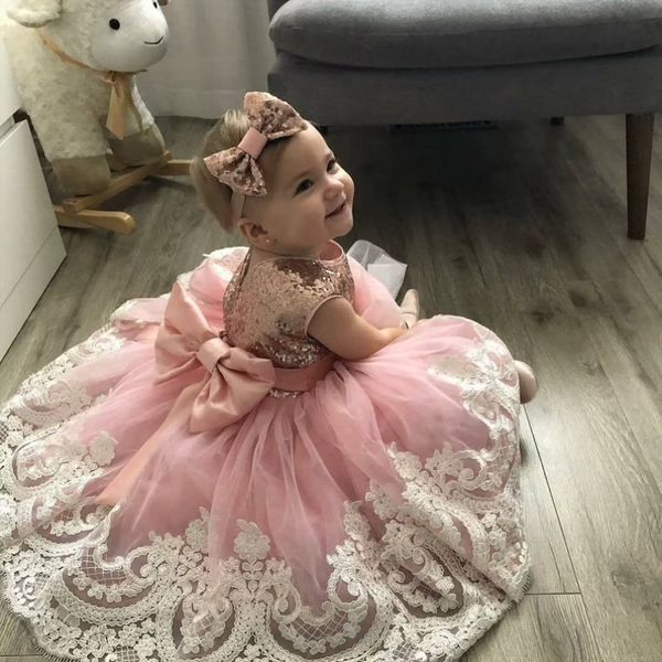 

light pink cute flower girl' dresses o neck sequins little girl pageant gowns lace appliques lovely birthday party dress, White;blue