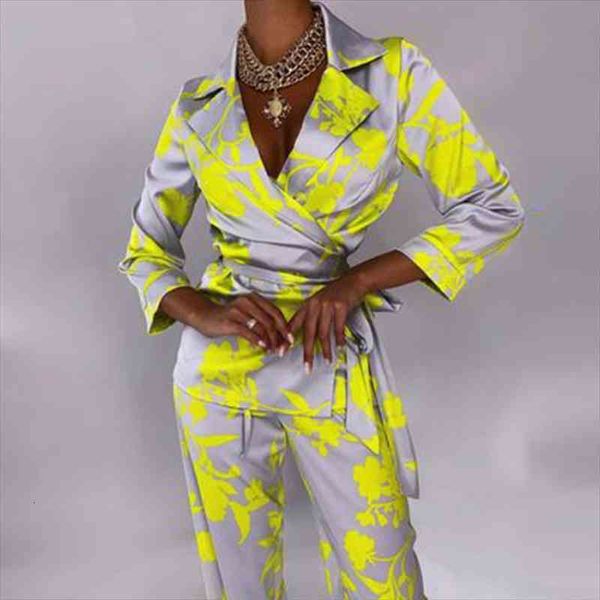 

womens suit autumn elegant turn-down collar trousers women clothing 2 piece sets long sleeve printed suit, White