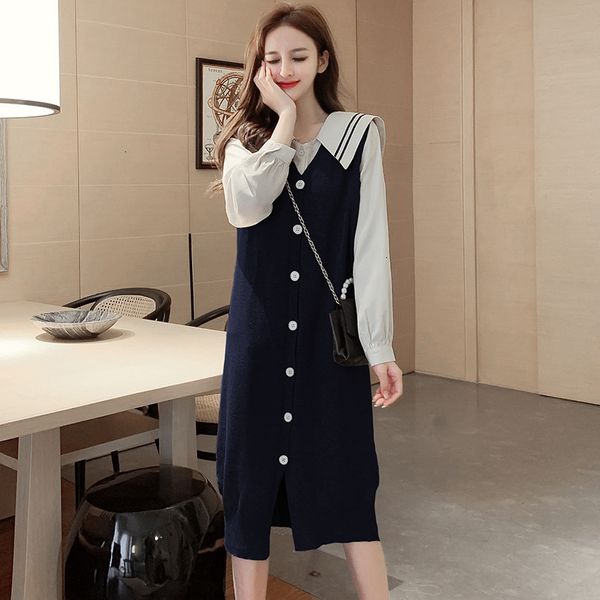 

2021 new autumn winter students 2 piece women apricot shirt blouse + sleeveless single breasted knit sweater set wzh9, Black;gray