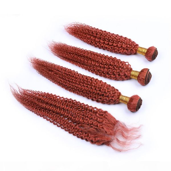 

kinky curly dark orange malaysian virgin hair bundles 3pcs with closure #350 red orange 4x4 lace closure with human hair weaves, Black