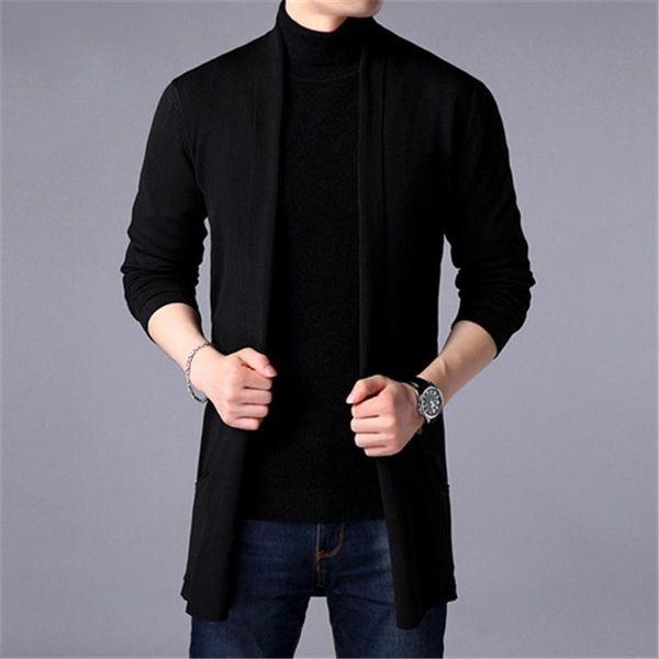 

men's sweaters man cardigans sweater coats autumn slim long solid color pocketed mid-length jacket fashion casual cardigan, White;black
