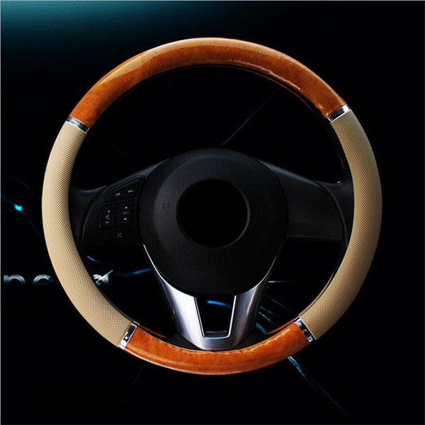 

wooden steering wheel cover mahogany retro leather car steering wheels hubs case cute automotive interior accessories