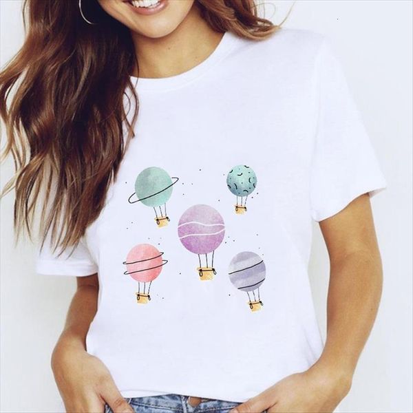 

graphic balloon travel fashion summer womens short sleeve spring clothes tees print female t shirt, White