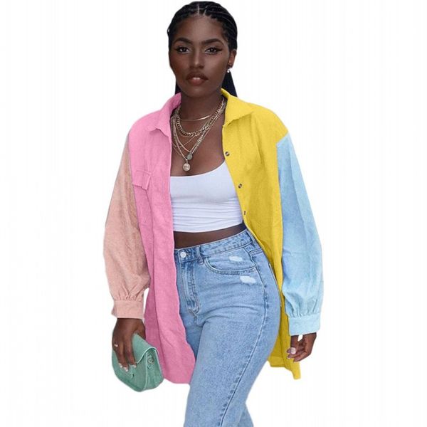 

colorful mode splice open point long casual sleeve full pocket 2021 new autumn sweet female blouse j9j1, White