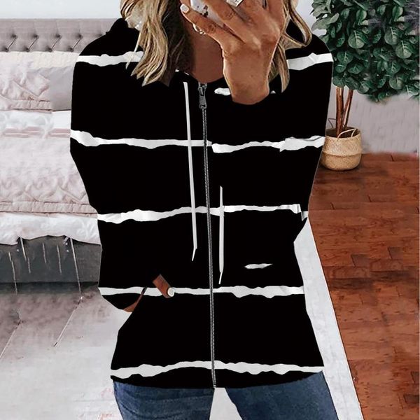 

women's hoodies & sweatshirts stripe printing women vintage zip up sweatshirt winter jacket clothes pockets long sleeve hooded pullover, Black
