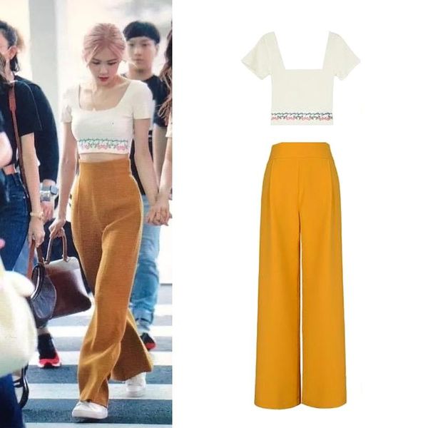 

women's pants & capris kpop girl group rose same summer streetwear short square collar short-sleeve tshirt + long loose flared women 2, Black;white