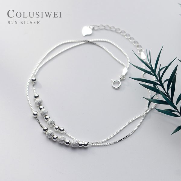 

colusiwei fashion 925 sterling silver frosted tiny ball light beads double chain for women adjustable anklet fine jewelry, Red;blue