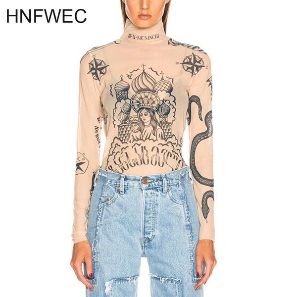 

women's blouses & shirts fashion women 2021 elasticity print vintage sun-proof autumn turtleneck mesh yarn blouse shirt tatoo v036, White