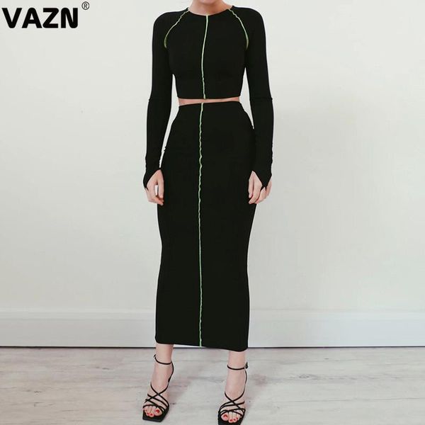 

two piece dress vazn street casual contracted style sets long sleeve round neck short elastic mid pants pure color, White