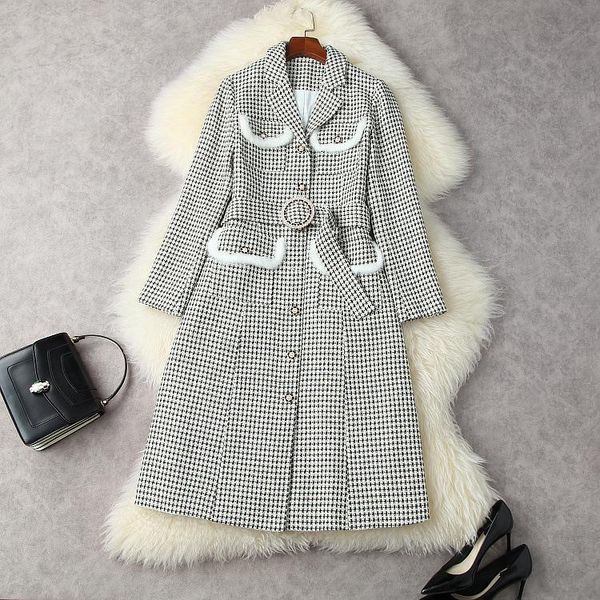 

women's wool & blends european and american clothing winter 2022 long sleeve single breasted hair pocket fashion belt tweed coat, Black