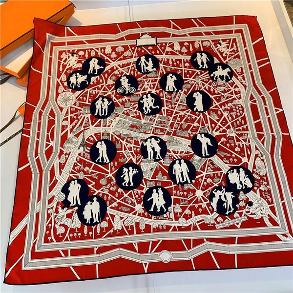 

scarves 90cm brand hijab scarf women bandana handmade curled twill silk square design " paris lovers" foulard head, Blue;gray