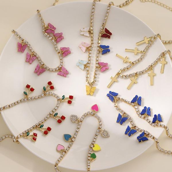 

chokers 2021 fashion colorful butterfly cross heart cherry pendant necklace for women punk gold color crystal chain choker, Golden;silver