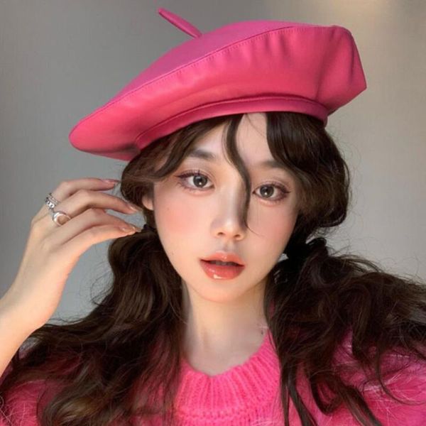 

berets ins women rose red pu leather beret french artist spring beanie hat cap vintage plain hats elegant lady caps gorro, Blue;gray