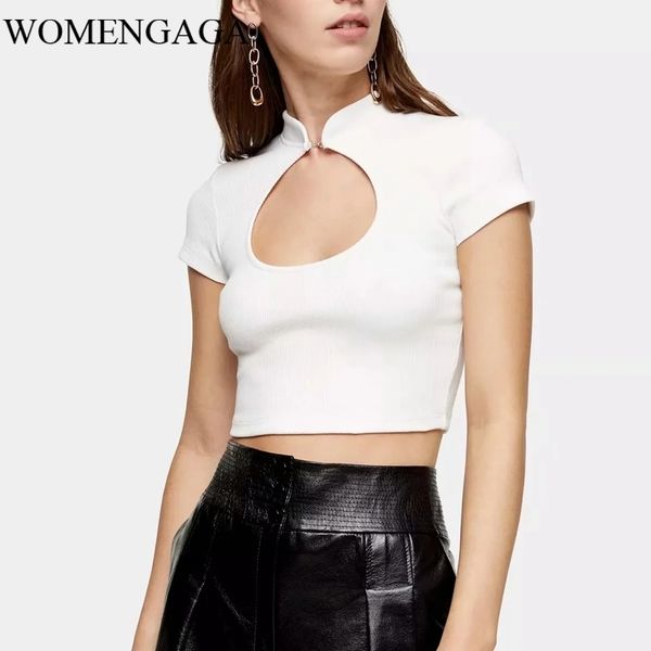 Frauen Ausschnitt vorne Baumwolle Spandex Slim Crop Top Sexy Rollkragen Fit T-Shirt Damen Mädchen weiblich 5HK4 210603