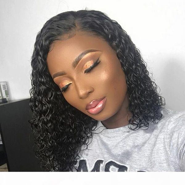 

short curly human black hair wigs with baby hair glueless virgin human brazilian hair bob cut lace front curly wig for black women, Black;brown