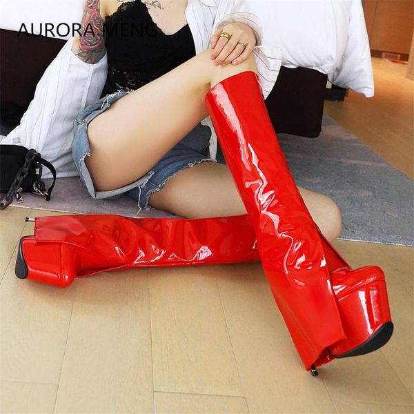 

boots 2021 fashion knee high for women genuine leather platform metal stiletto heels long booties thick soled shoes size 33-43, Black